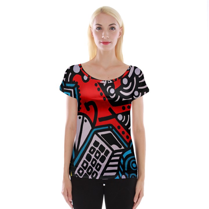 Multicolored Doodle Art Street Art Cap Sleeve Top