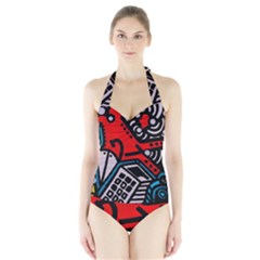 Multicolored Doodle Art Street Art Halter Swimsuit