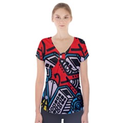 Multicolored Doodle Art Street Art Short Sleeve Front Detail Top