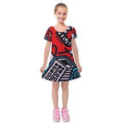 Multicolored Doodle Art Street Art Kids  Short Sleeve Velvet Dress