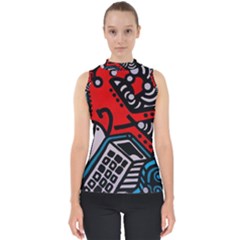 Multicolored Doodle Art Street Art Mock Neck Shell Top