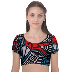 Multicolored Doodle Art Street Art Velvet Short Sleeve Crop Top 