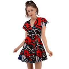 Multicolored Doodle Art Street Art Flutter Sleeve Wrap Dress