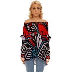 Multicolored Doodle Art Street Art Off Shoulder Chiffon Pocket Shirt