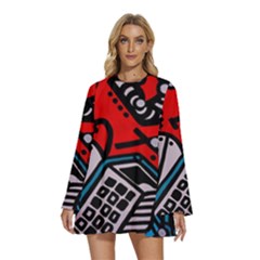 Multicolored Doodle Art Street Art Round Neck Long Sleeve Bohemian Style Chiffon Mini Dress