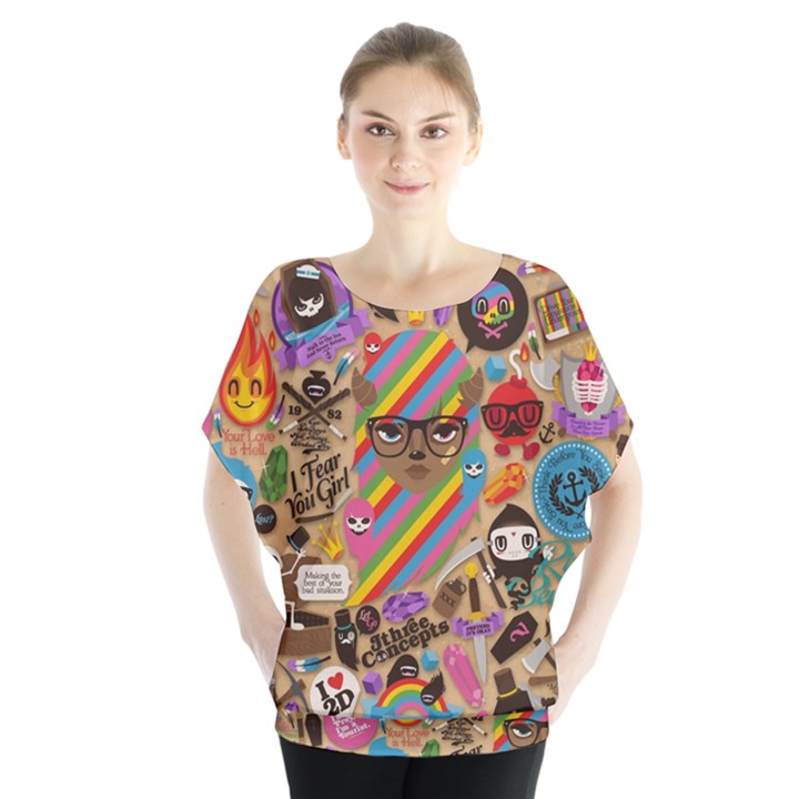 Multicolored Doodle Art Wallpaper Batwing Chiffon Blouse