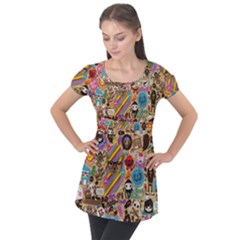 Multicolored Doodle Art Wallpaper Puff Sleeve Tunic Top