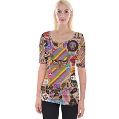 Multicolored Doodle Art Wallpaper Wide Neckline Tee