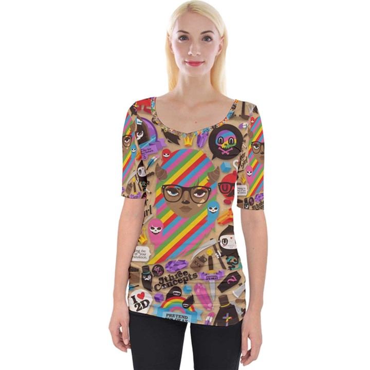 Multicolored Doodle Art Wallpaper Wide Neckline Tee