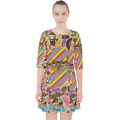 Multicolored Doodle Art Wallpaper Quarter Sleeve Pocket Dress