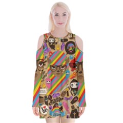 Multicolored Doodle Art Wallpaper Velvet Long Sleeve Shoulder Cutout Dress