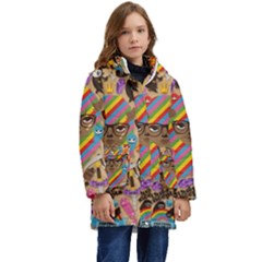 Multicolored Doodle Art Wallpaper Kid s Hooded Longline Puffer Jacket by Jancukart