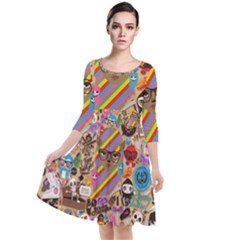 Multicolored Doodle Art Wallpaper Quarter Sleeve Waist Band Dress