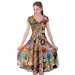 Multicolored Doodle Art Wallpaper Cap Sleeve Wrap Front Dress