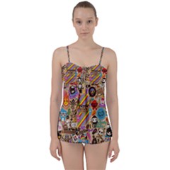 Multicolored Doodle Art Wallpaper Babydoll Tankini Set