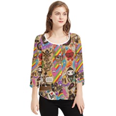 Multicolored Doodle Art Wallpaper Chiffon Quarter Sleeve Blouse