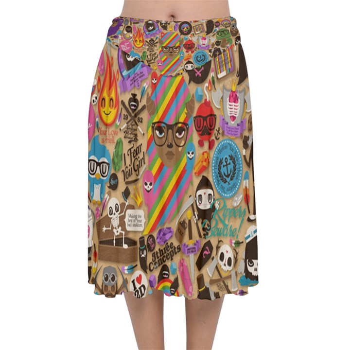 Multicolored Doodle Art Wallpaper Velvet Flared Midi Skirt