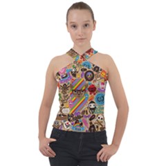 Multicolored Doodle Art Wallpaper Cross Neck Velour Top