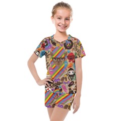 Multicolored Doodle Art Wallpaper Kids  Mesh Tee And Shorts Set