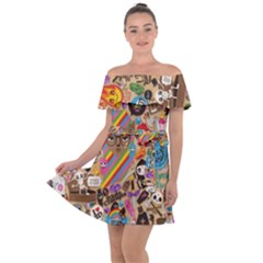 Multicolored Doodle Art Wallpaper Off Shoulder Velour Dress