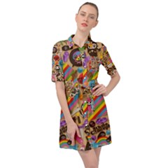 Multicolored Doodle Art Wallpaper Belted Shirt Dress