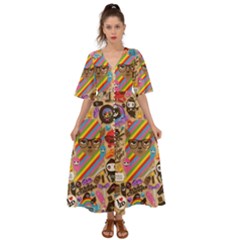 Multicolored Doodle Art Wallpaper Kimono Sleeve Boho Dress