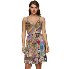 Multicolored Doodle Art Wallpaper V-neck Pocket Summer Dress 