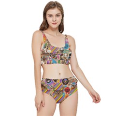 Multicolored Doodle Art Wallpaper Frilly Bikini Set