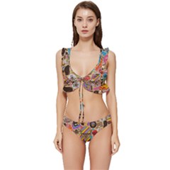 Multicolored Doodle Art Wallpaper Low Cut Ruffle Edge Bikini Set