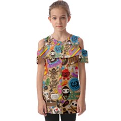 Multicolored Doodle Art Wallpaper Fold Over Open Sleeve Top