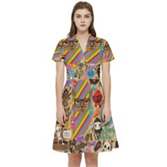 Multicolored Doodle Art Wallpaper Short Sleeve Waist Detail Dress