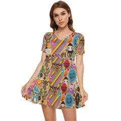 Multicolored Doodle Art Wallpaper Tiered Short Sleeve Babydoll Dress by Jancukart