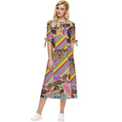 Multicolored Doodle Art Wallpaper Bow Sleeve Chiffon Midi Dress by Jancukart