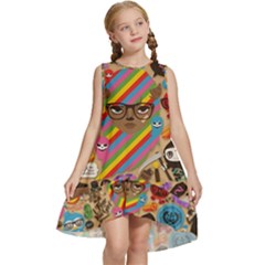 Multicolored Doodle Art Wallpaper Kids  Frill Swing Dress by Jancukart