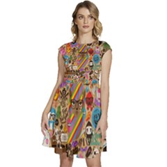 Multicolored Doodle Art Wallpaper Cap Sleeve High Waist Dress by Jancukart