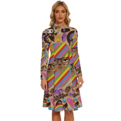 Multicolored Doodle Art Wallpaper Long Sleeve Shirt Collar A-line Dress