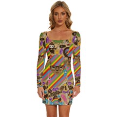 Multicolored Doodle Art Wallpaper Long Sleeve Square Neck Bodycon Velvet Dress