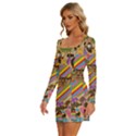 Multicolored Doodle Art Wallpaper Long Sleeve Square Neck Bodycon Velvet Dress View2