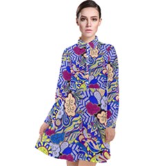 Blue Yellow Background Pattern Vector Texture Paisley Long Sleeve Chiffon Shirt Dress