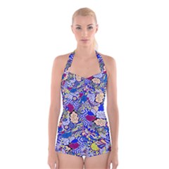 Blue Yellow Background Pattern Vector Texture Paisley Boyleg Halter Swimsuit 