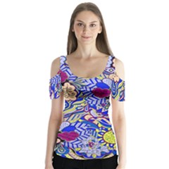 Blue Yellow Background Pattern Vector Texture Paisley Butterfly Sleeve Cutout Tee 