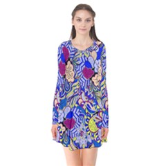 Blue Yellow Background Pattern Vector Texture Paisley Long Sleeve V-neck Flare Dress