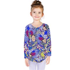 Blue Yellow Background Pattern Vector Texture Paisley Kids  Long Sleeve Tee