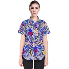 Blue Yellow Background Pattern Vector Texture Paisley Women s Short Sleeve Shirt