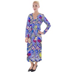 Blue Yellow Background Pattern Vector Texture Paisley Velvet Maxi Wrap Dress