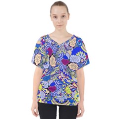 Blue Yellow Background Pattern Vector Texture Paisley V-neck Dolman Drape Top