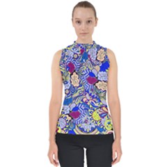 Blue Yellow Background Pattern Vector Texture Paisley Mock Neck Shell Top