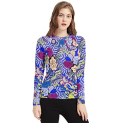 Blue Yellow Background Pattern Vector Texture Paisley Women s Long Sleeve Rash Guard