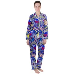 Blue Yellow Background Pattern Vector Texture Paisley Women s Long Sleeve Satin Pajamas Set	