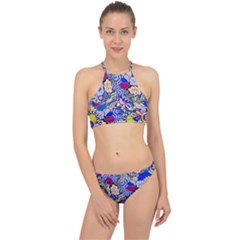 Blue Yellow Background Pattern Vector Texture Paisley Racer Front Bikini Set